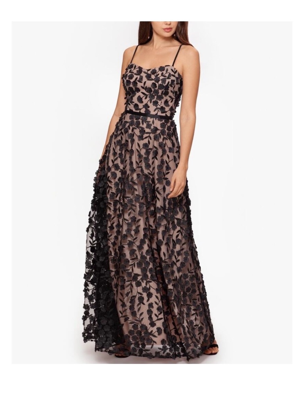 Xscape Black Floral Appliqué Spaghetti Strap Maxi Gown - Picture 1 of 5